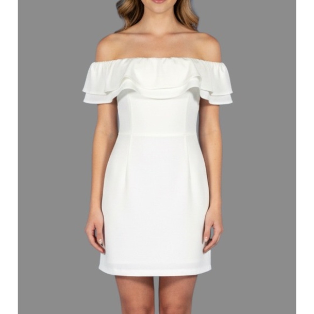 NWT SHE + SKY Lined CREPE White RUFFLE OFF-THE-SHOULDER Zip Side SHEATH DRESS  L